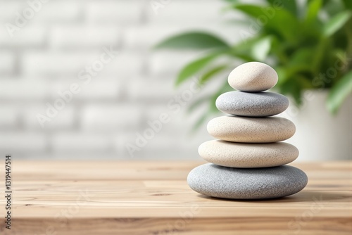 Stack of smooth stones balanced on a wooden surface with a blurred green plant and white brick wall in the background. Concept of harmony and balance. Ai generative