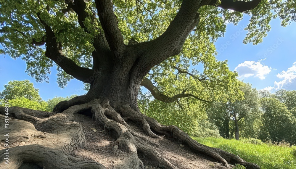 Ancient Oak Tree with Exposed Roots on a Sunny Day Ancient Oak Tree with Exposed Roots on a Sunny Day