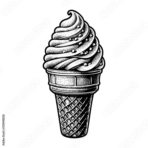 Ice cream cone sketch engraving black and white outline. Scratch board imitation.  illustrated in vintage line art style on a white background.