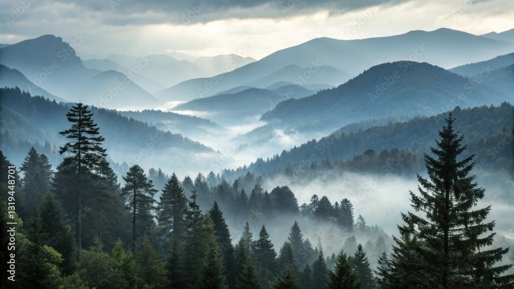 Misty mountain landscape, dense evergreen forest, fog rolling through valleys Misty mountain landscape, dense evergreen forest, fog rolling through valleys