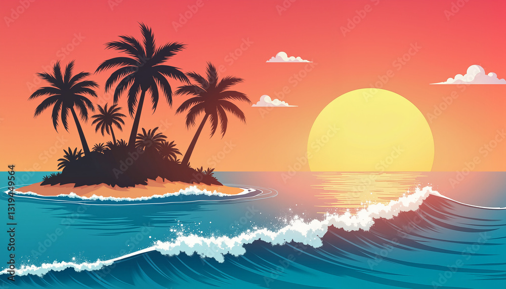 Fototapeta premium Tropical island sunset with palm trees and waves, serene escape