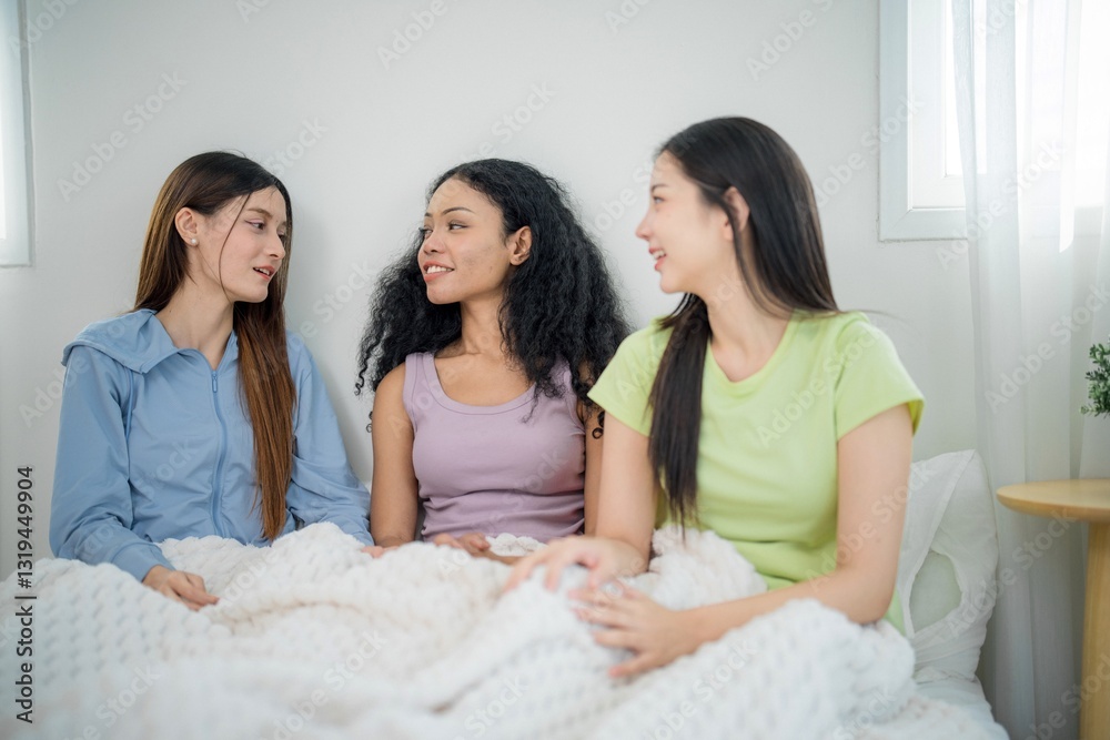 Three friends engaged in a lively conversation while relaxing together in a cozy bedroom setting during the day Three friends engaged in a lively conversation while relaxing together in a cozy bedroom setting during the day