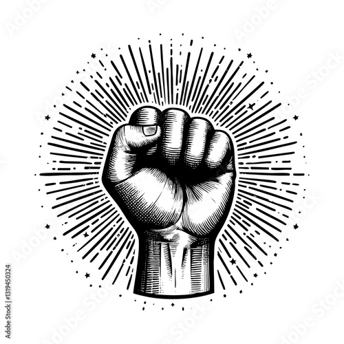 Fist sun burst sketch engraving black and white outline. Scratch board imitation.  illustrated in vintage line art style on a white background.
