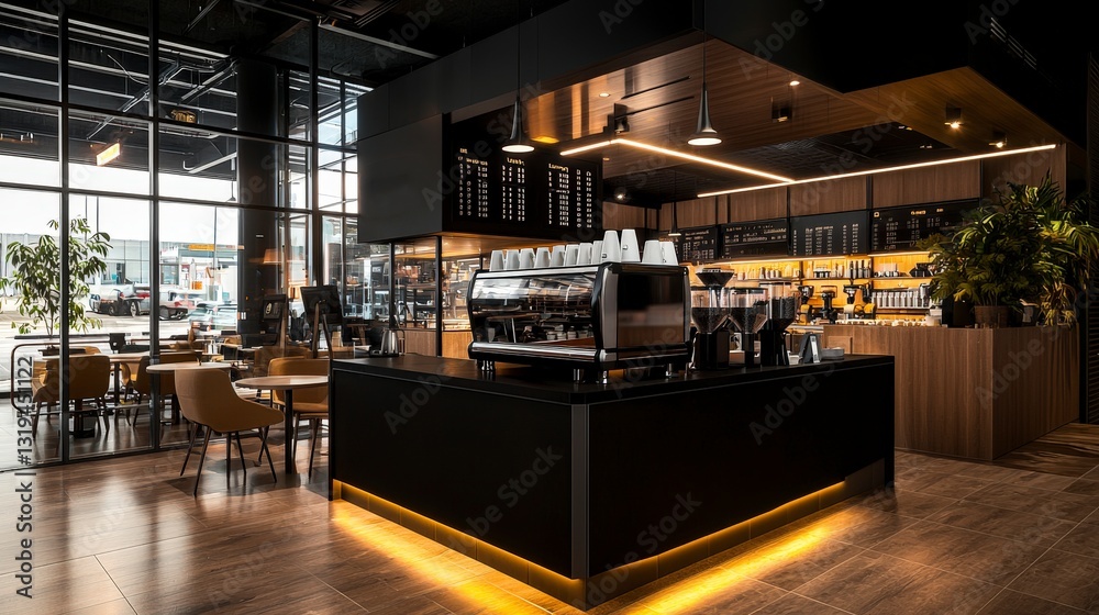 Obraz premium Cozy coffee shop interior with modern design urban location interior photography warm atmosphere wide angle view