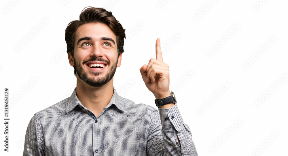 Smiling Young Man with an Idea Pointing Upward Against a White Background Smiling Young Man with an Idea Pointing Upward Against a White Background