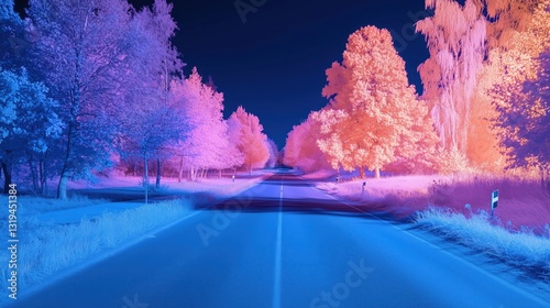 Wallpaper Mural Infrared filtered image of empty country road at night with colorful trees on both sides. Ai generated Torontodigital.ca