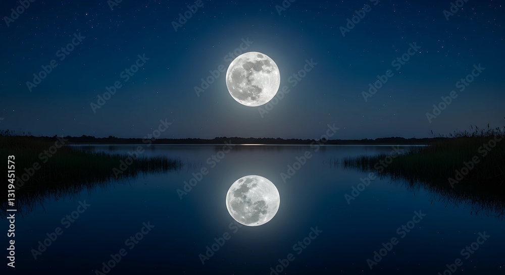 Full Moon Reflection on Calm Lake Water at Night with Stars Full Moon Reflection on Calm Lake Water at Night with Stars