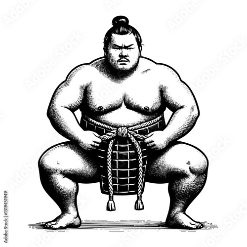sumo athlete engraving sketch engraving black and white outline. Scratch board imitation.  illustrated in vintage line art style on a white background.
