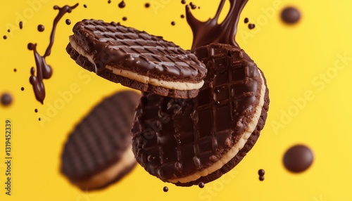 Crunchy Chocolate Wafer Ads: Cookies With Splashing Chocolate Syrup In The Air On Yellow Halftone Background