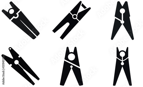 Simple, black and white icons of six clothespins in various orientations.