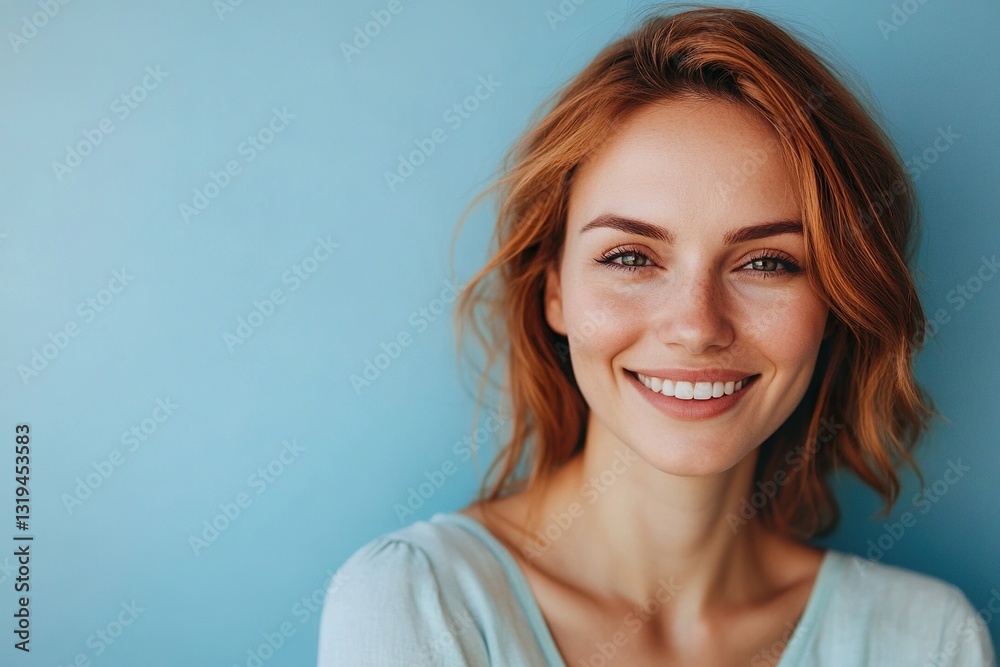 A woman with red hair is smiling and looking at the camera A woman with red hair is smiling and looking at the camera