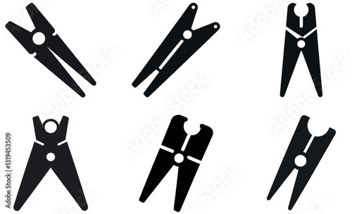 Simple, black and white icons of six clothespins in various orientations.