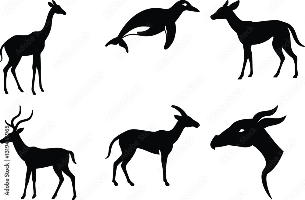Fototapeta premium Silhouette Animals Vector: Giraffe, Seal, Deer, Antelope, Buck, and Dragon Head Illustration, Wildlife Art, Black and White Graphic Design