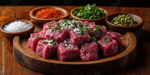 Raw Cubed Meat, Salt, and Thyme on Wooden Table