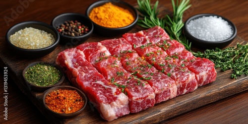 Raw Cubed Meat, Salt, and Thyme on Wooden Table