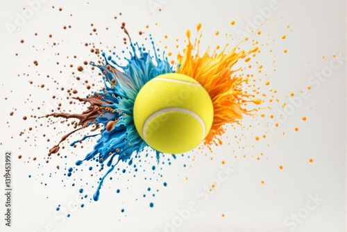 Tennis ball with splashes of blue, orange, and brown paint on a light background. Creative sports concept with dynamic motion and energy. Ai generative