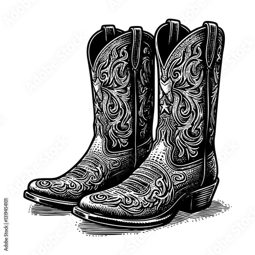 Pair of cowboy boots engraving black and white outline. Scratch board imitation. illustrated in vintage line art style on a white background.