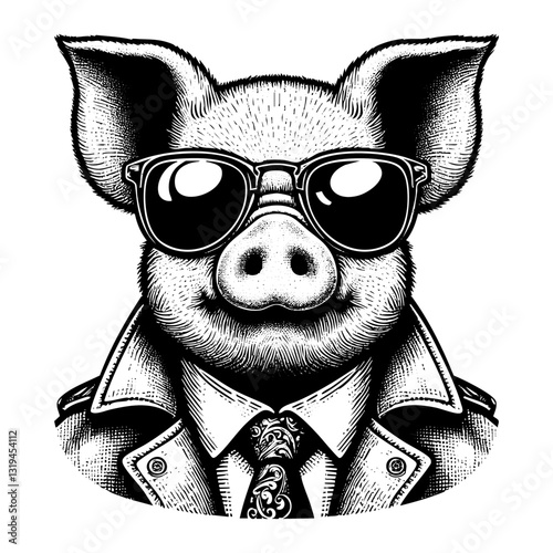 Pig wear sunglases, and top hat while smoking cigar in its mouth engraving black and white outline. Scratch board imitation. illustrated in vintage line art style on a white background.
