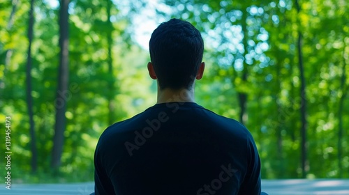 back view of a man meditating in a peaceful forest surrounded by lush green trees and natural light emphasizing peace and mental wellness