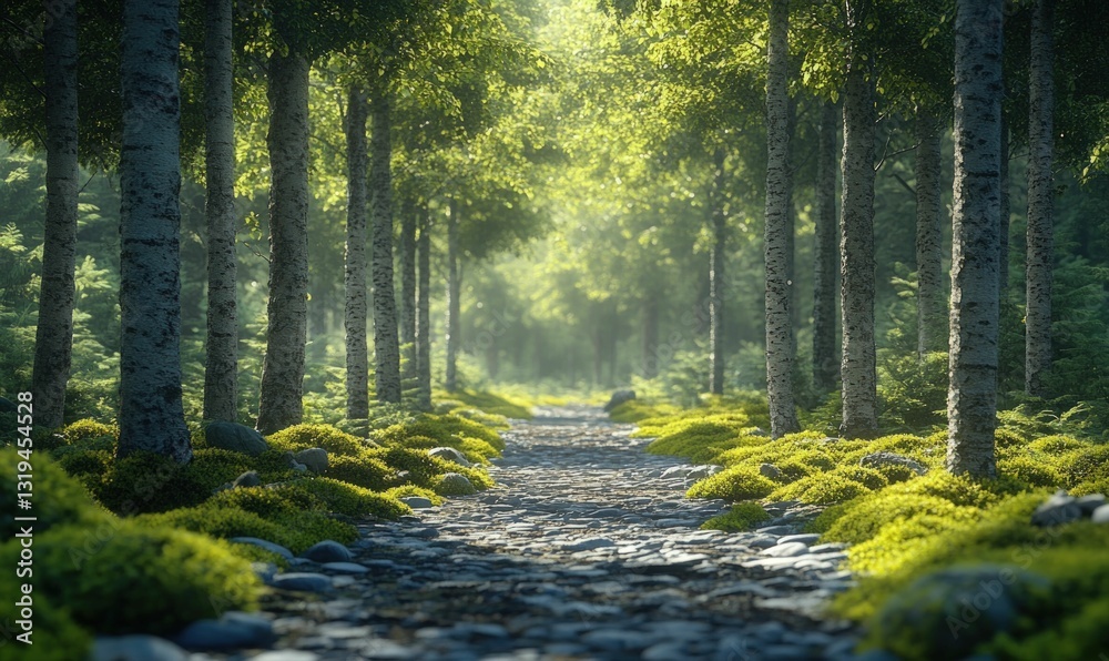 Obraz premium Sunlit stone path winds through serene green forest.