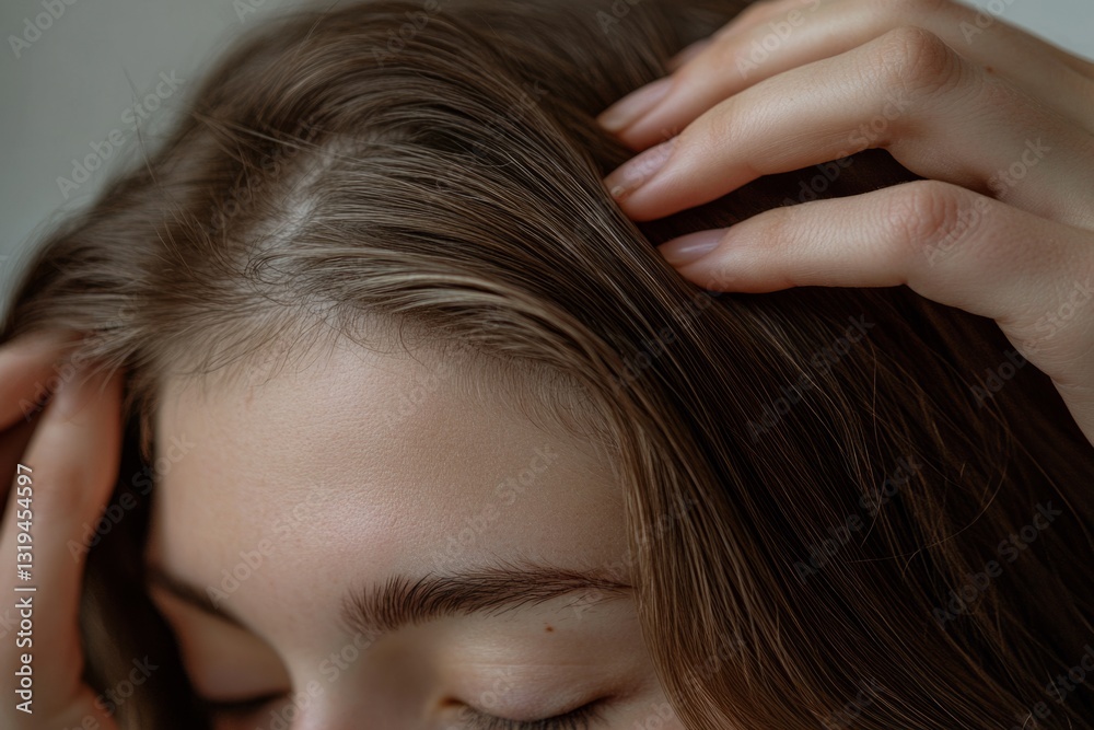 Naklejka premium Close-up of woman gently touching her hair, checking for dandruff or hair loss, highlighting haircare and scalp health