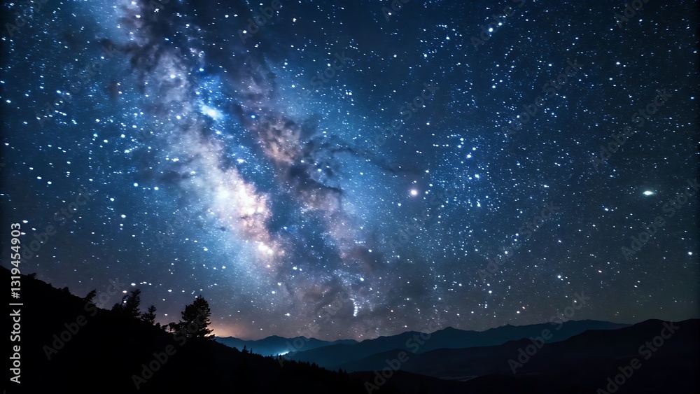 Fototapeta premium Spectacular Milky Way Above Mountain Landscape: Night Sky Photography With Stars and Silhouette Trees.