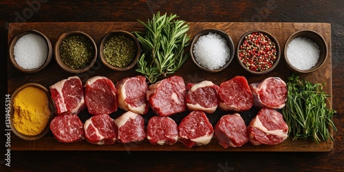 Raw Cubed Meat, Salt, and Thyme on Wooden Table