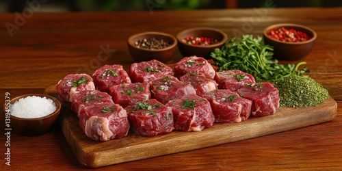 Raw Cubed Meat, Salt, and Thyme on Wooden Table