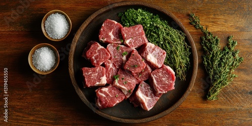 Raw Cubed Meat, Salt, and Thyme on Wooden Table