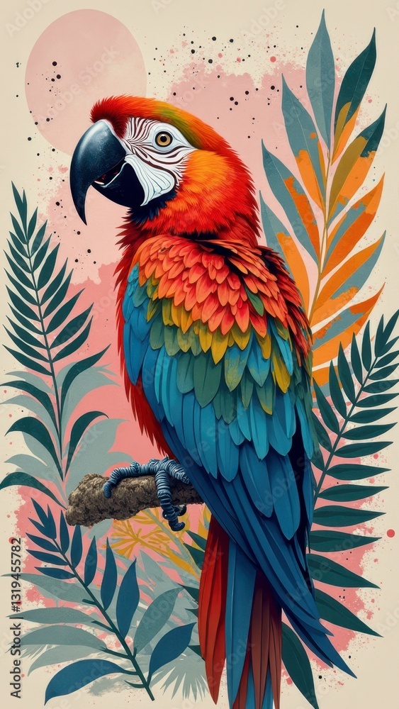 Obraz premium Vibrant scarlet macaw perched amongst colorful tropical foliage