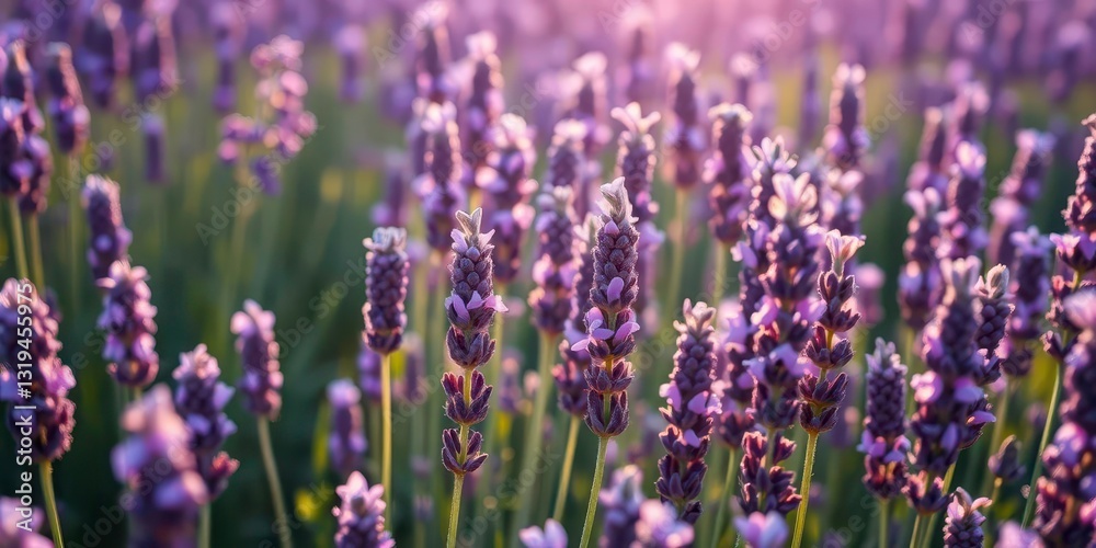 Naklejka premium Rows of purple lavender bloom under soft morning light, dew-kissed petals, countryside, morning light