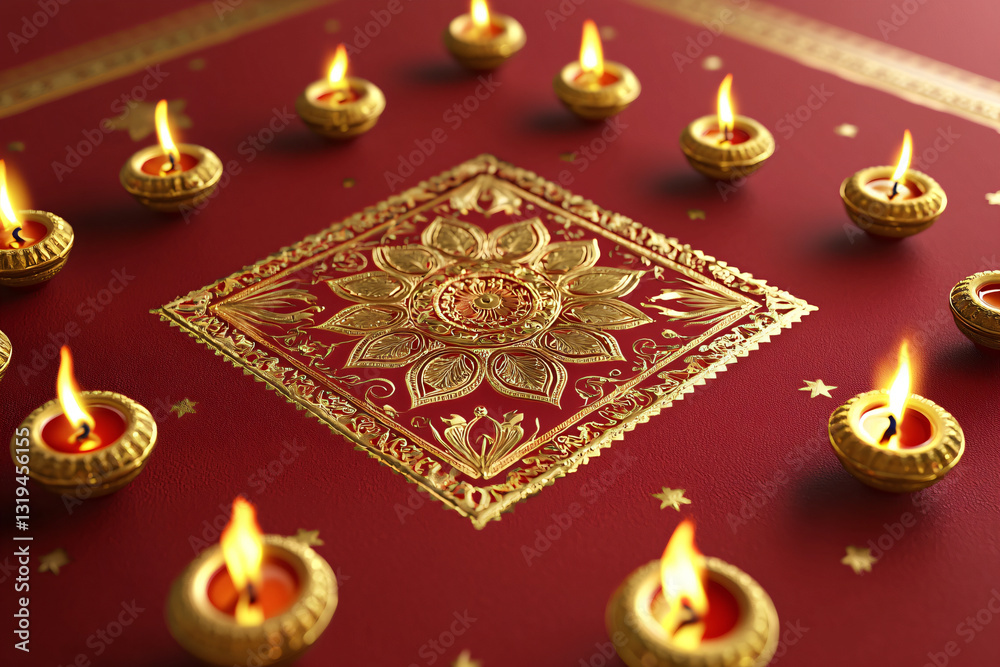 Diwali Card Design with Rich Red Background and Shimmering Gold Patterns Diwali Card Design with Rich Red Background and Shimmering Gold Patterns