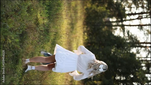 Happy Caucasian mother holding her baby in the air on a walk in a summer park. The woman is wearing a white dress. The baby is wearing a striped shirt and blue denim overalls.