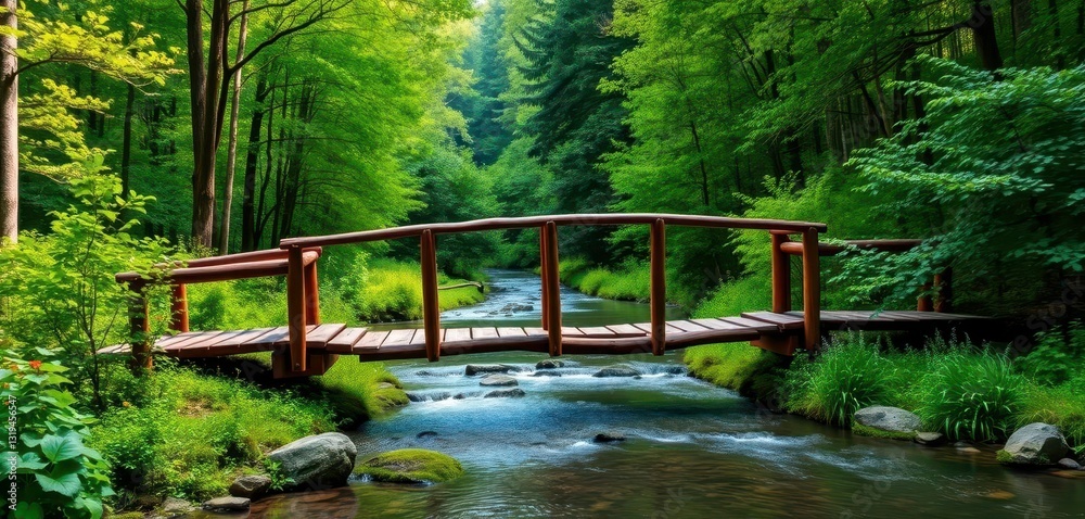 Rustic wooden bridge spans tranquil stream in vibrant green forest, pathway, wooden Rustic wooden bridge spans tranquil stream in vibrant green forest, pathway, wooden