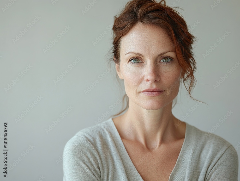 A woman with red hair and freckles is wearing a gray sweater A woman with red hair and freckles is wearing a gray sweater