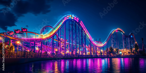 Vibrant Roller Coaster Theme Park Night with Colorful Lights for Amusement Attractions, Entertainment, or Adrenaline Adventures