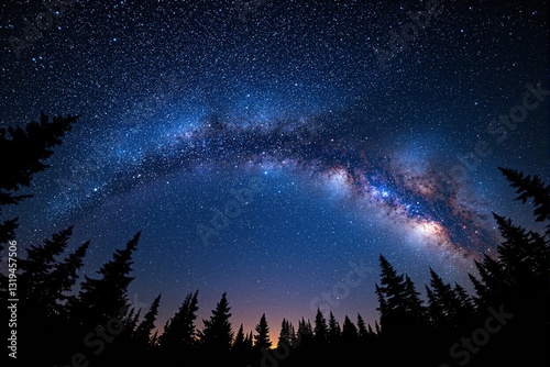 Majestic Milky Way galaxy stretching across the night sky above a dense forest silhouette. A breathtaking cosmic background showcasing countless stars. Ai generative