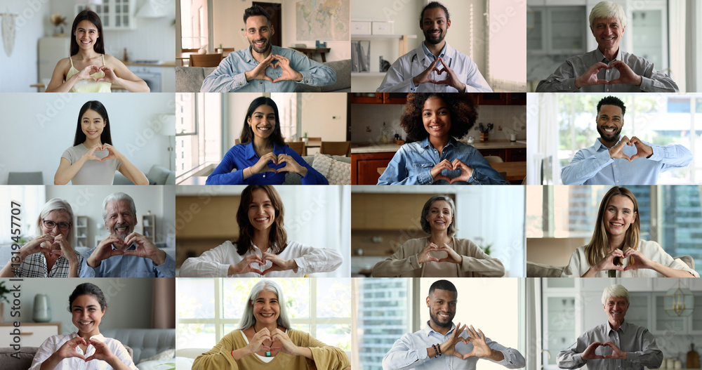 © fizkes - Young and mature multi ethnic women and men smile look at camera showing heart symbol with joined fingers. Multiple videos, collage of happy carefree girls, guys, grandpa and granny declaring of love