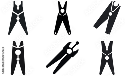 Simple, black and white icons of six clothespins in various orientations.