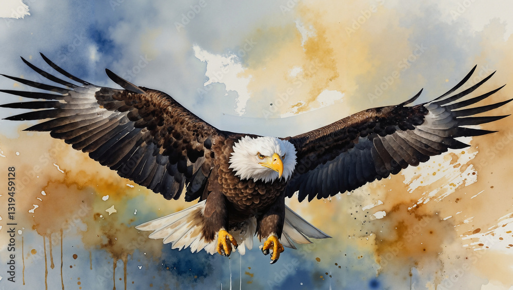 Fototapeta premium Bald eagle in dynamic flight with a vibrant abstract background