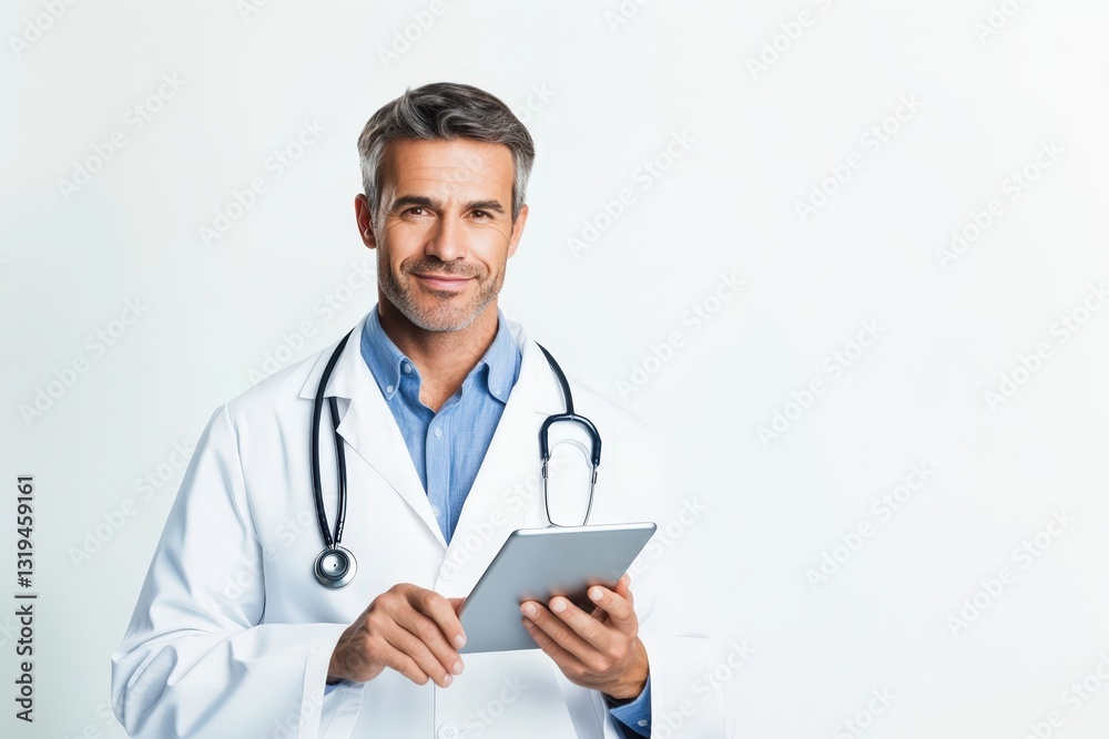 Doctor Using Tablet to Review Patient Data in a Bright Clinic Environment Professional Medical Setting Doctor Using Tablet to Review Patient Data in a Bright Clinic Environment Professional Medical Setting