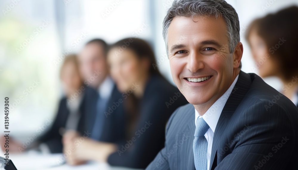 Joyful Senior Executive Participating In A Business Meeting With His Team In The Office. Seasoned Professional Grinning Happily During Collaboration With Colleagues. Teamwork In Business. Joyful Senior Executive Participating In A Business Meeting With His Team In The Office. Seasoned Professional Grinning Happily During Collaboration With Colleagues. Teamwork In Business.