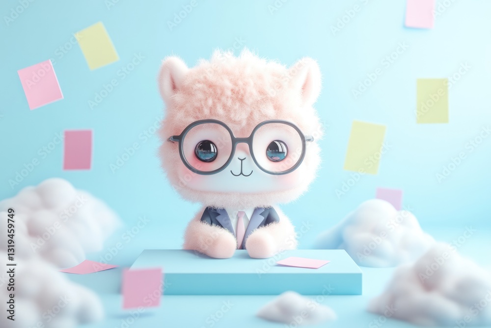 Obraz premium Cute alpaca in glasses and suit sits at a desk surrounded by pastel clouds and sticky notes.