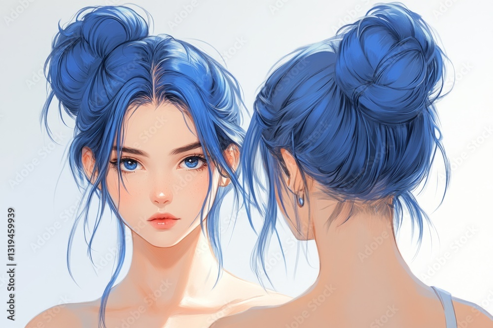 Portrait of a beautiful young woman with blue hair, showcasing a stylish double bun hairstyle from front and back Portrait of a beautiful young woman with blue hair, showcasing a stylish double bun hairstyle from front and back