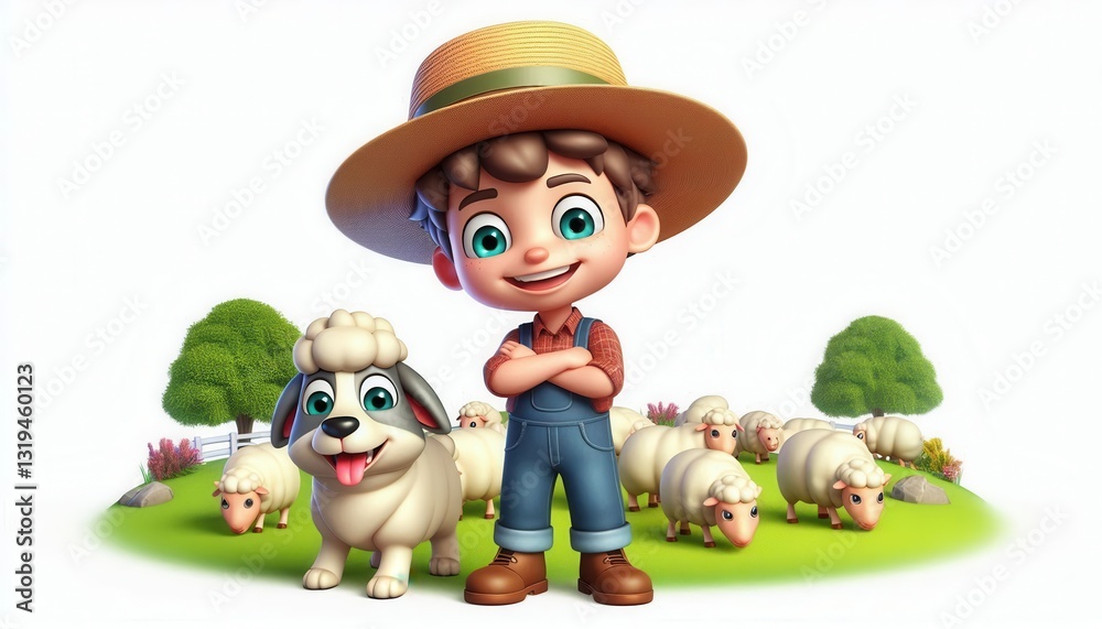Naklejka premium Animated farm scene with boy and dog pastoral landscape fun character art