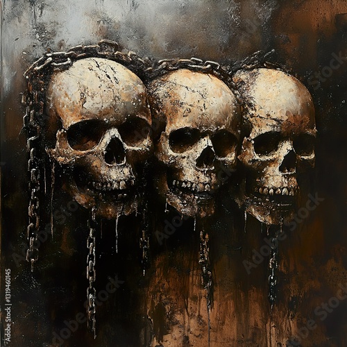 Three Skulls, Chained: A Dark Gothic Painting