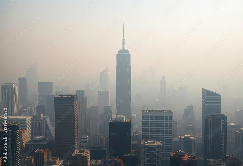 Fototapeta premium Smog-choked cityscape, skyscrapers barely visible through hazy pollution, buildings, gloomy