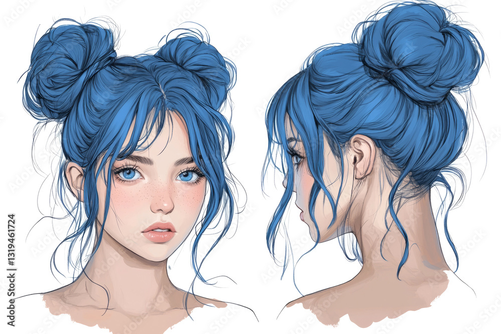 Digital painting representing front and side view of a young woman with messy buns hairstyle and blue hair Digital painting representing front and side view of a young woman with messy buns hairstyle and blue hair
