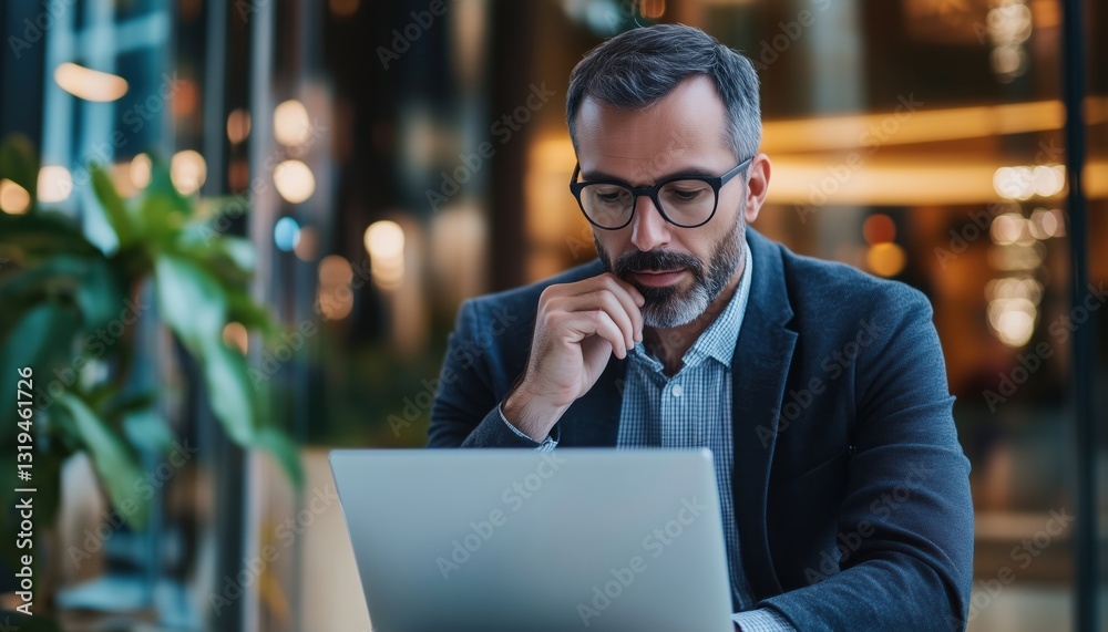 Businessman Examining Laptop And Contemplating While Checking Emails In Office Lobby. Focus On Work In A Modern Setting. Businessman Examining Laptop And Contemplating While Checking Emails In Office Lobby. Focus On Work In A Modern Setting.