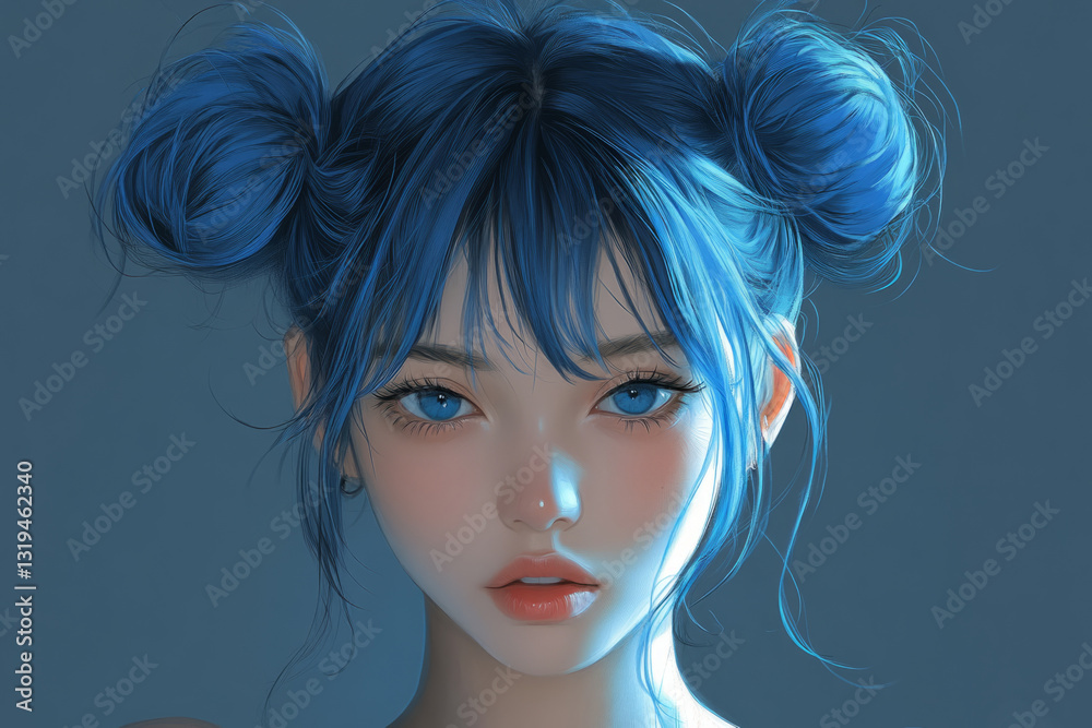 Digital art portrait of a young woman with striking blue hair styled in double buns, creating a modern and stylish look Digital art portrait of a young woman with striking blue hair styled in double buns, creating a modern and stylish look